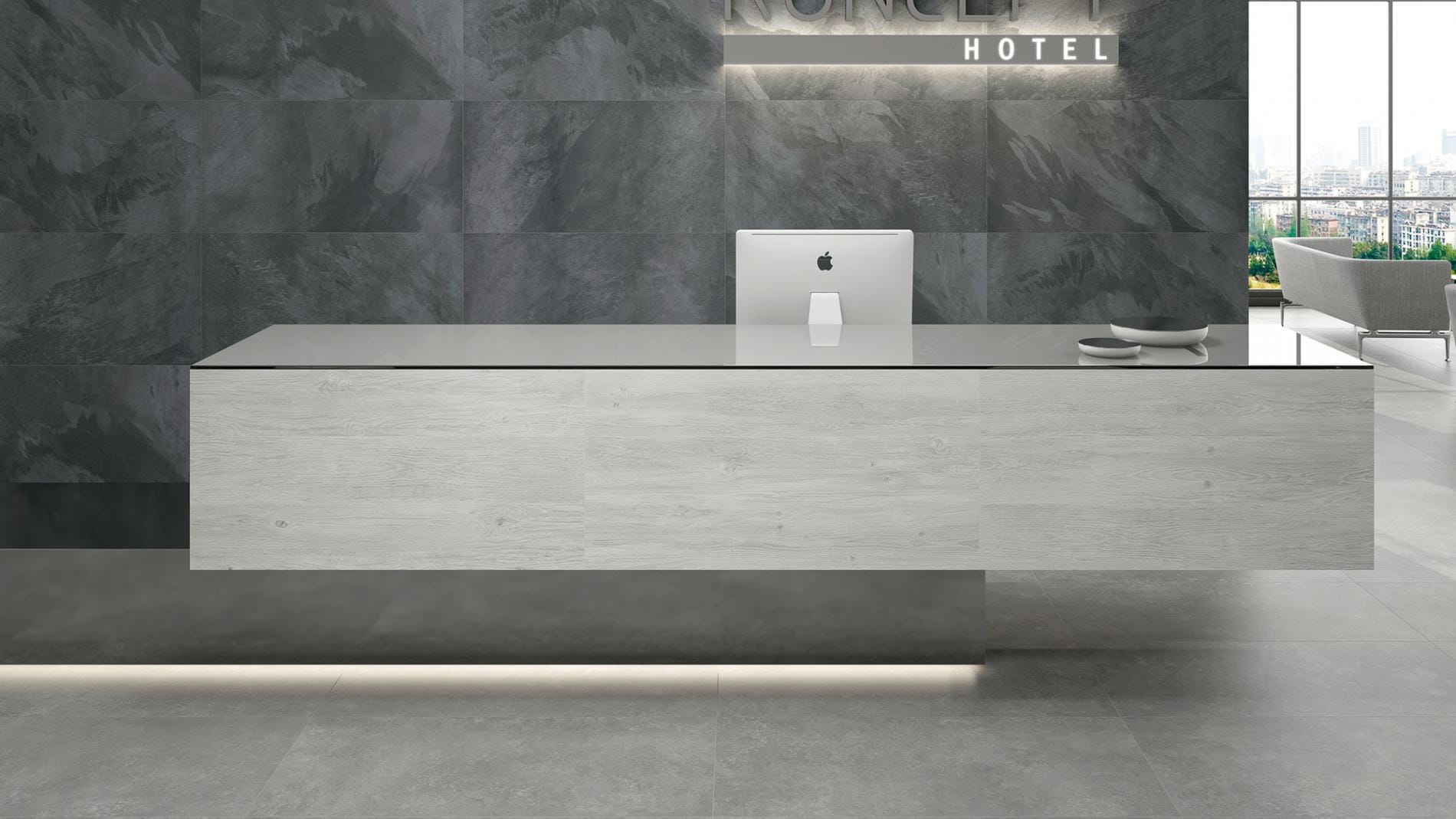 Koncept - Hotelreceptie met grijze betonlook op vloer en balie, Pamesa