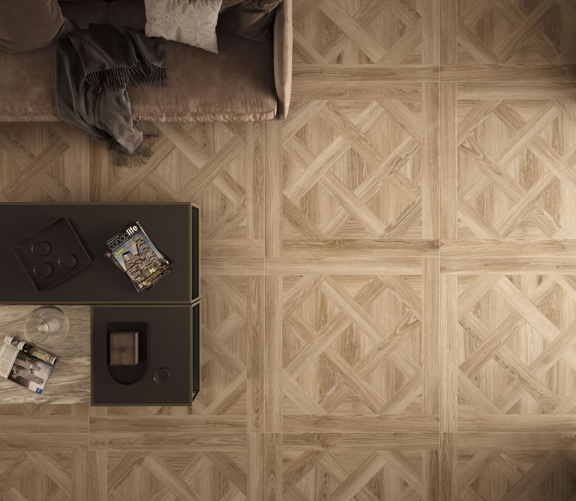 Inza - Woonkamer en studeerkamer met houtlook op vloer, Pamesa