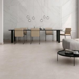 Tresana - Woonkamer en eetkamer met witte marmerlook op vloer en wand, Pamesa