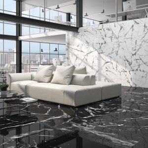 Lux iceberg - Woonkamer en kantoor met zwart-witte marmerlook op vloer en wand, Pamesa