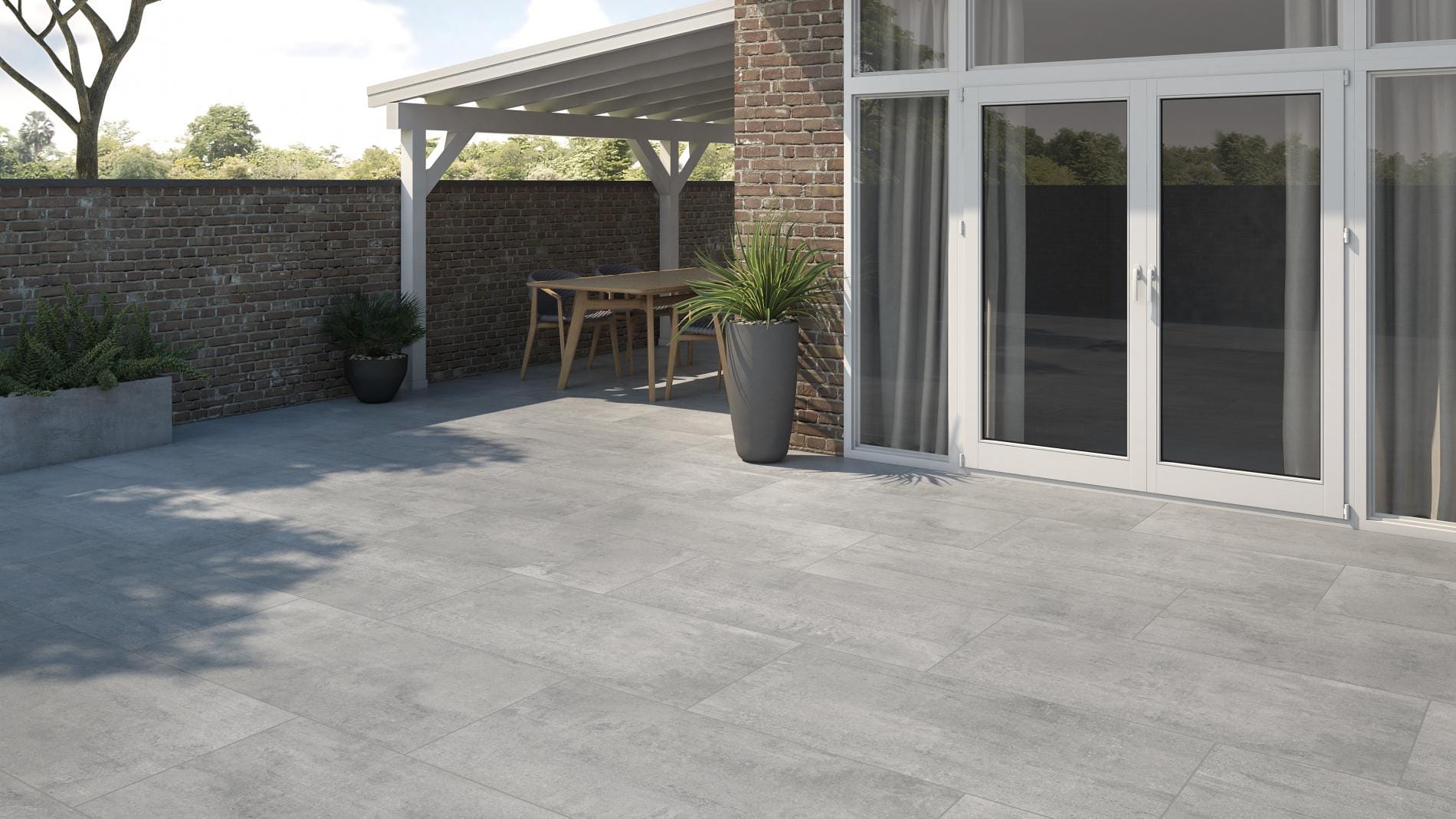 Duplocem - Tuin en terras met grijze houtlook op vloer, Pamesa