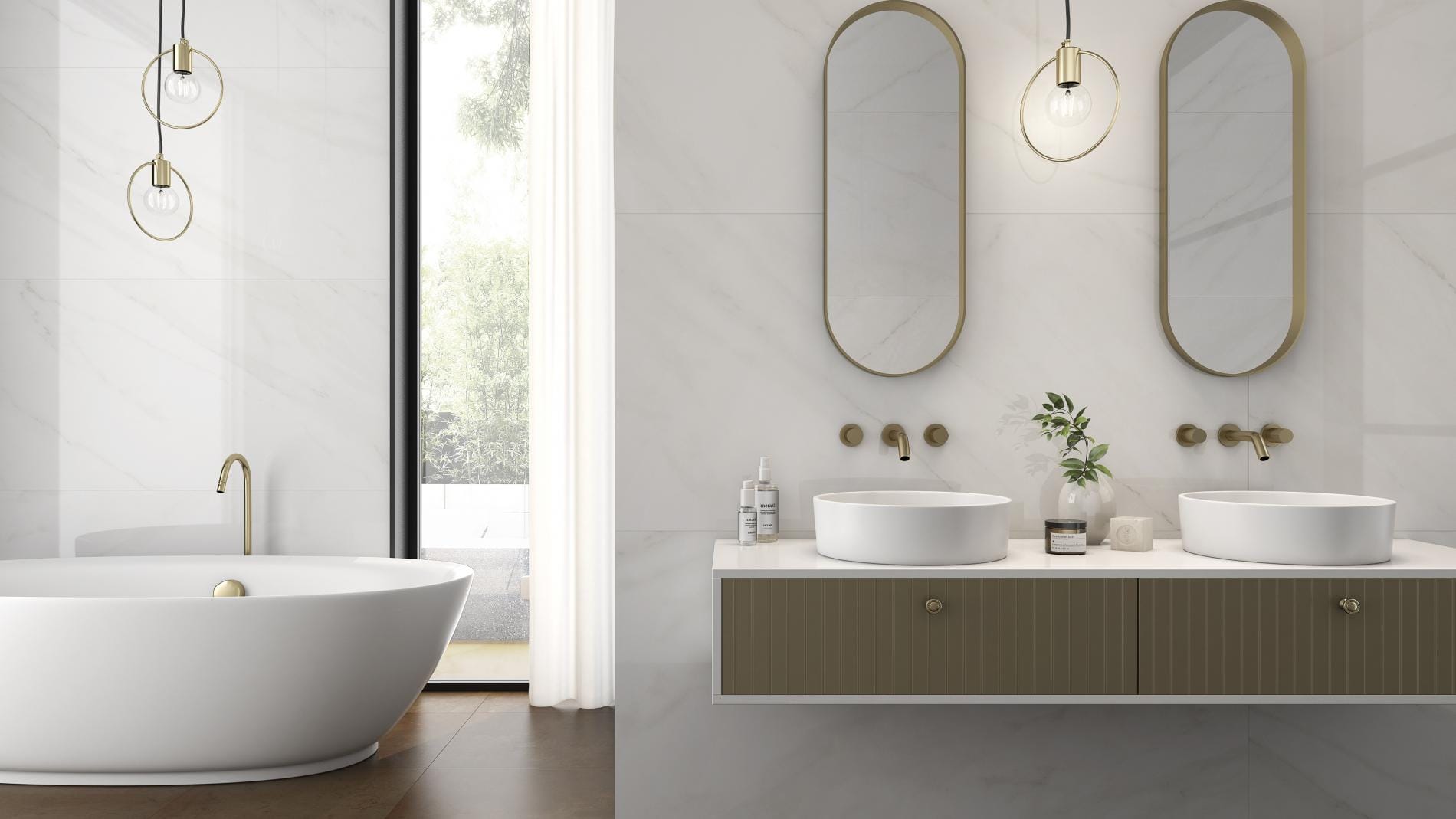 Lenci - Badkamer met witte marmerlook op vloer en wand, Pamesa