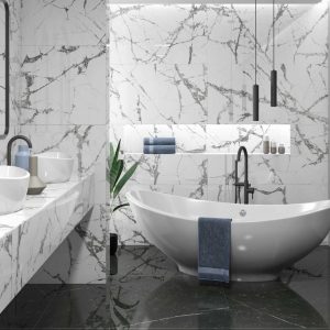 Lux iceberg - Badkamer met zwart-witte marmerlook op vloer en wand, Pamesa