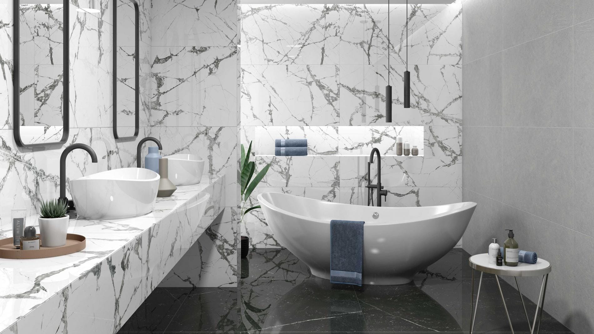 Lux iceberg - Badkamer met zwart-witte marmerlook op vloer en wand, Pamesa