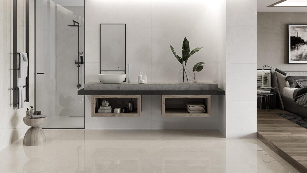 Belvedere - Badkamer en slaapkamer met lichte betonlook op vloer en wand, Pamesa