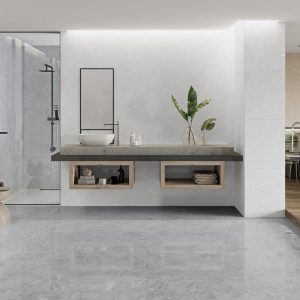 Belvedere - Badkamer en slaapkamer met grijze betonlook op vloer en wand, Pamesa