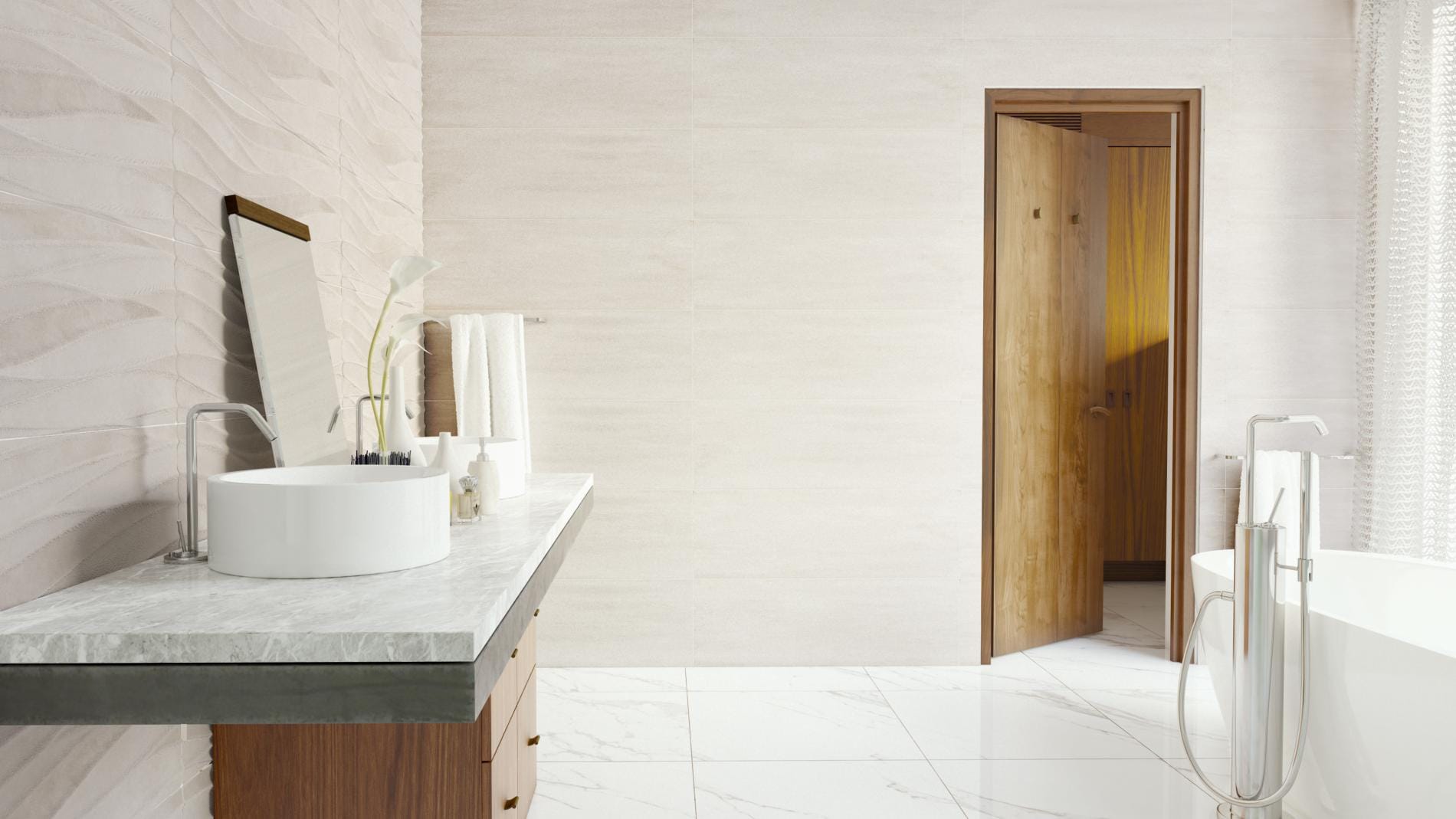 Silkstone - Badkamer met witte kleurtegel en houtlook op wand en vloer, Pamesa