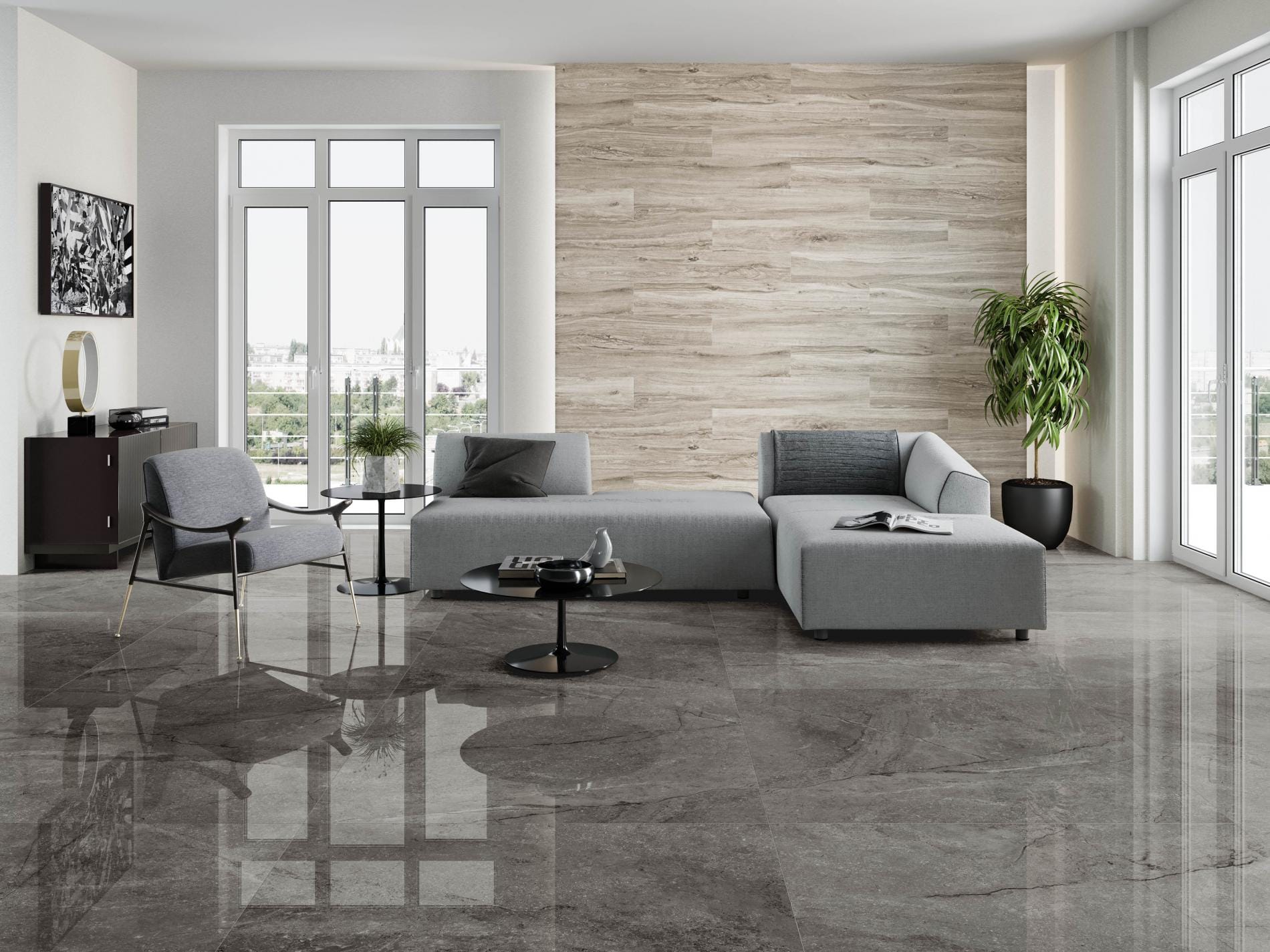 Wells - Woonkamer met bruine marmerlook en houtlook op vloer en wand, Pamesa
