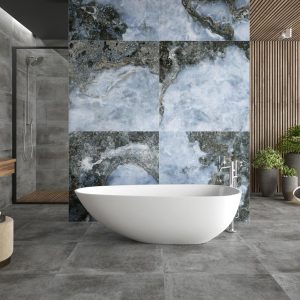 Lux danae - Badkamer met blauwgrijze marmerlook en betonlook op wand en vloer, Pamesa