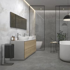 Sardonyx - Badkamer met grijze marmerlook en betonlook op wand en vloer, Pamesa