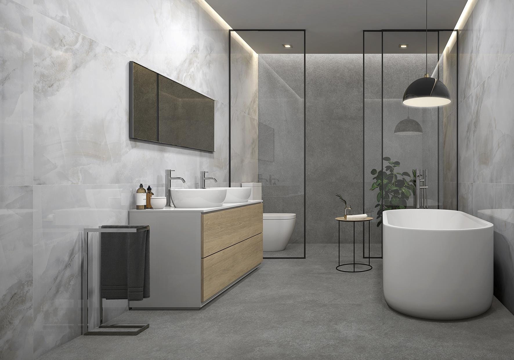Sardonyx - Badkamer met grijze marmerlook en betonlook op wand en vloer, Pamesa