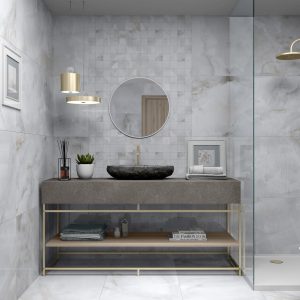 Sardonyx - Badkamer met witte marmerlook op vloer en wand, Pamesa