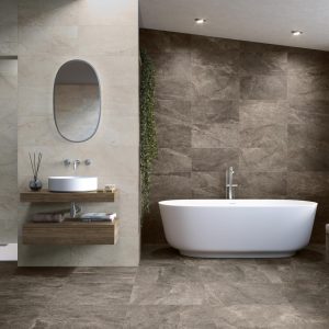 Wells - Badkamer met bruine steenlook op vloer en wand, Pamesa