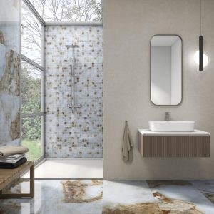 Mallas - Badkamer met witte marmerlook en grafisch decor op vloer en wand, Pamesa