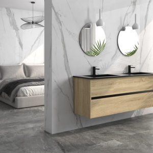 Cellini - Slaapkamer en badkamer met witte marmerlook en grijze steenlook op vloer en wand, Pamesa