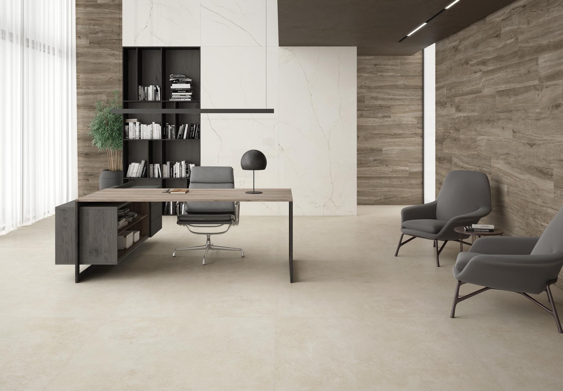 Desert - Kantoor met lichte betonlook en houtlook op vloer en wand, Pamesa