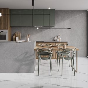 Moleanos - Keuken en eetkamer met witte marmerlook op vloer en wand, Pamesa