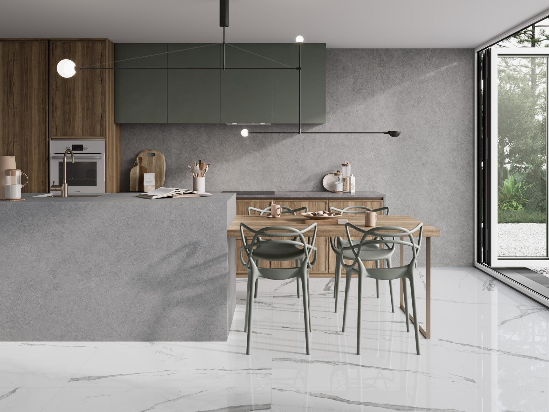 Moleanos - Keuken en eetkamer met witte marmerlook op vloer en wand, Pamesa