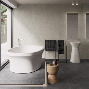 Moleanos - Badkamer met grijze betonlook op vloer en wand, Pamesa