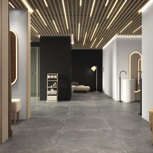 Plain - Winkel en showroom met donkergrijze betonlook op vloer en wand, Pamesa