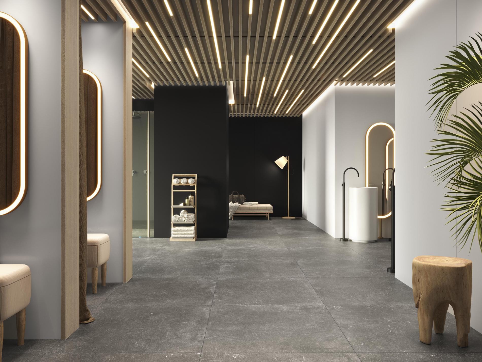 Plain - Winkel en showroom met donkergrijze betonlook op vloer en wand, Pamesa