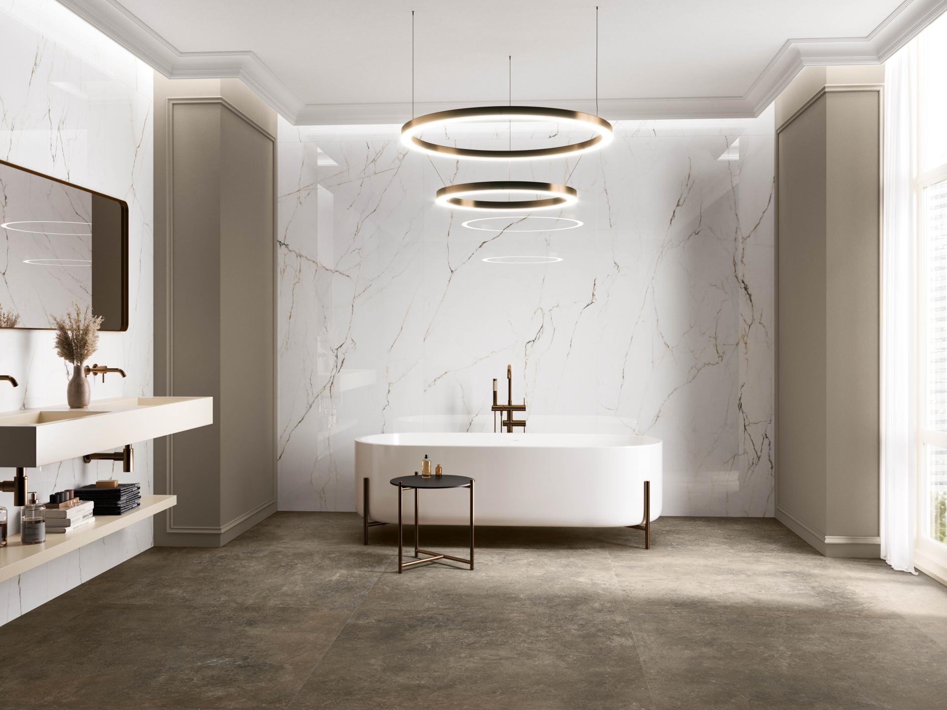Torano - Badkamer met witte marmerlook en donkere betonlook op wand en vloer, Pamesa