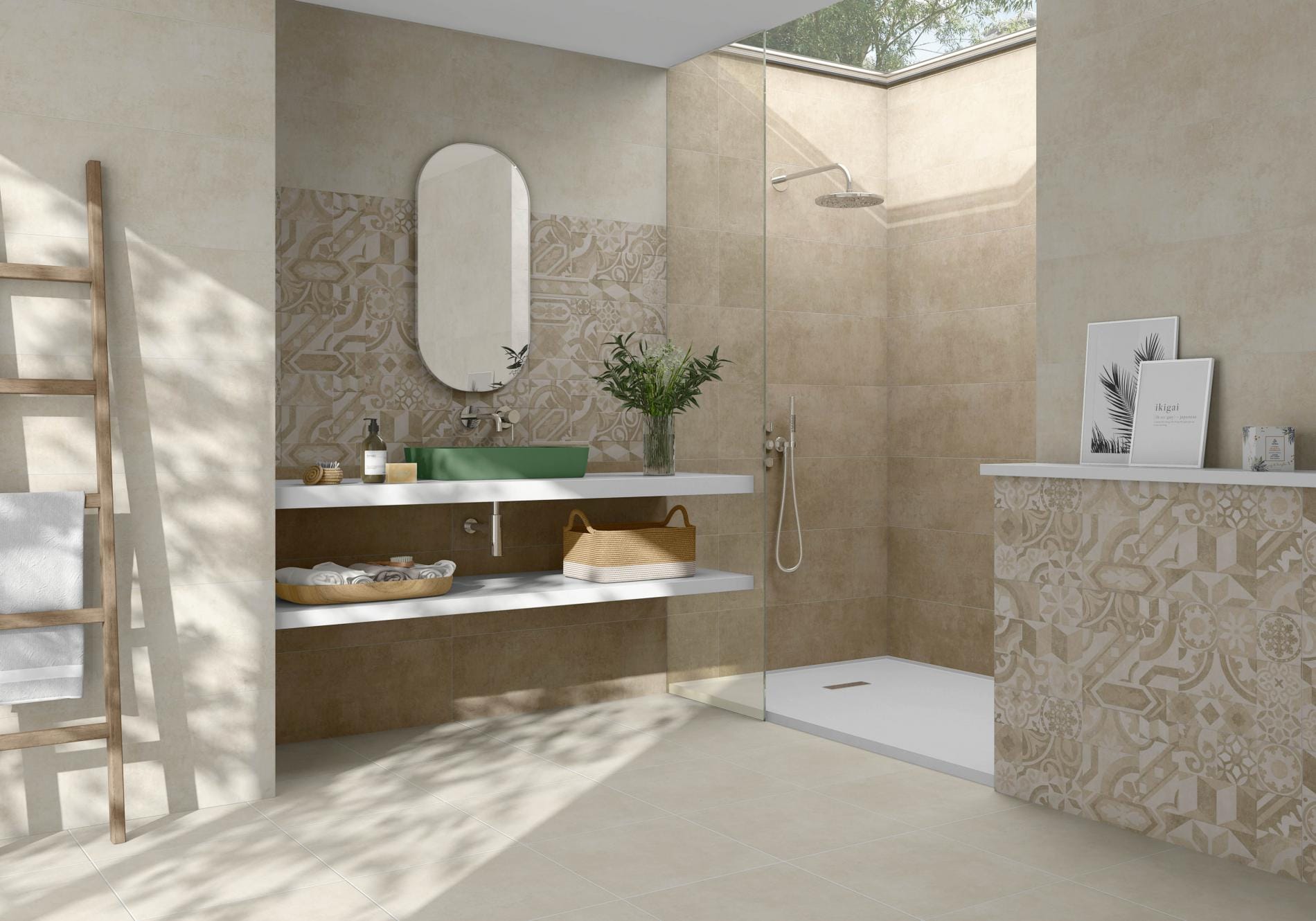 At.alpha - Badkamer met beige betonlook en patroontegel op wand en vloer, Pamesa