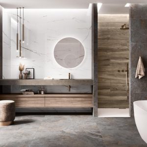Torano - Badkamer met witte marmerlook en houtlook op wand en vloer, Pamesa