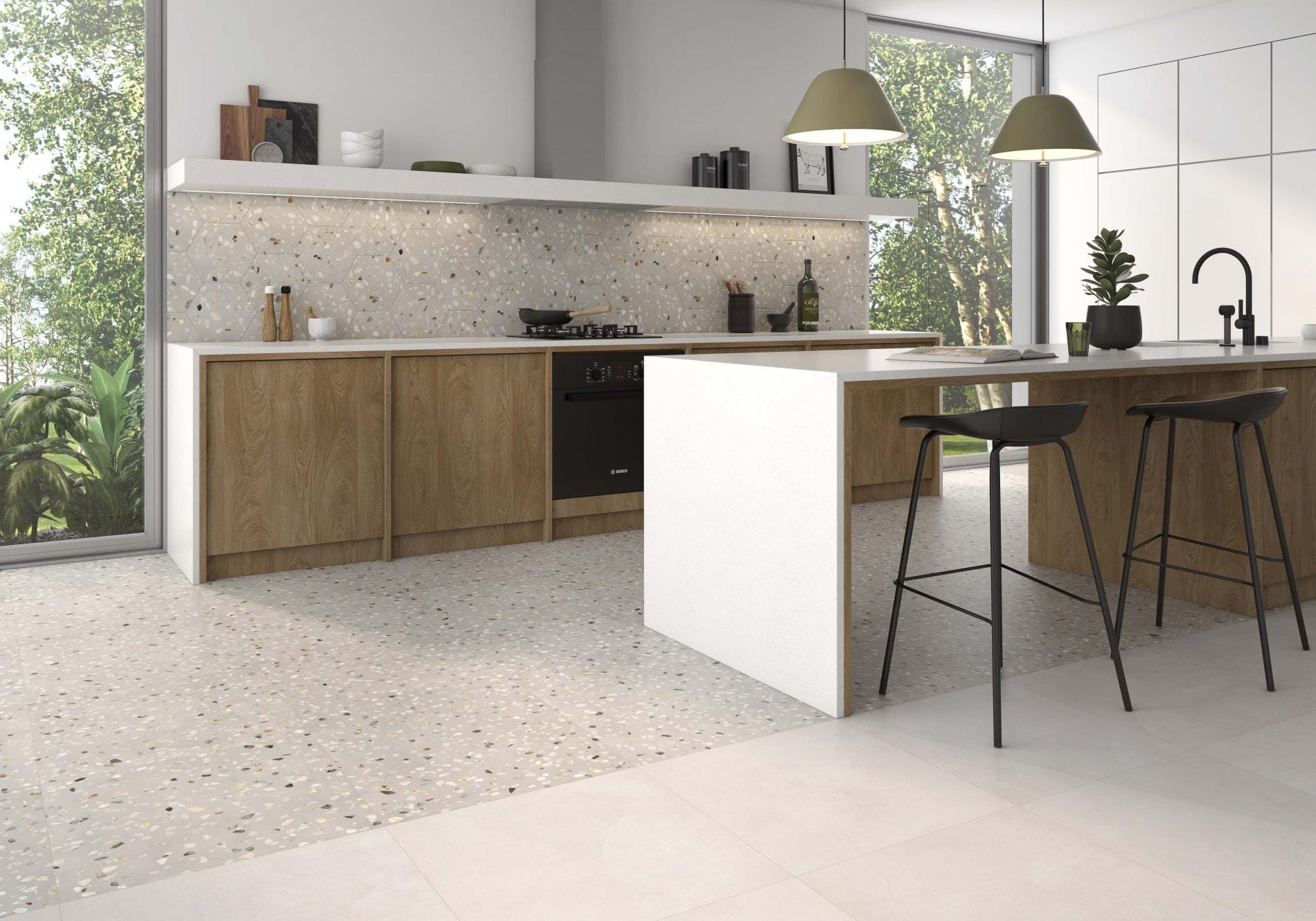 Doria - Keuken en eetkamer met terrazzo en houtlook op vloer en achterwand, Pamesa