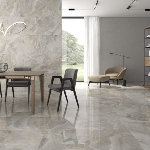 Lux noor - Woonkamer met glanzende beige marmerlook op vloer, Pamesa