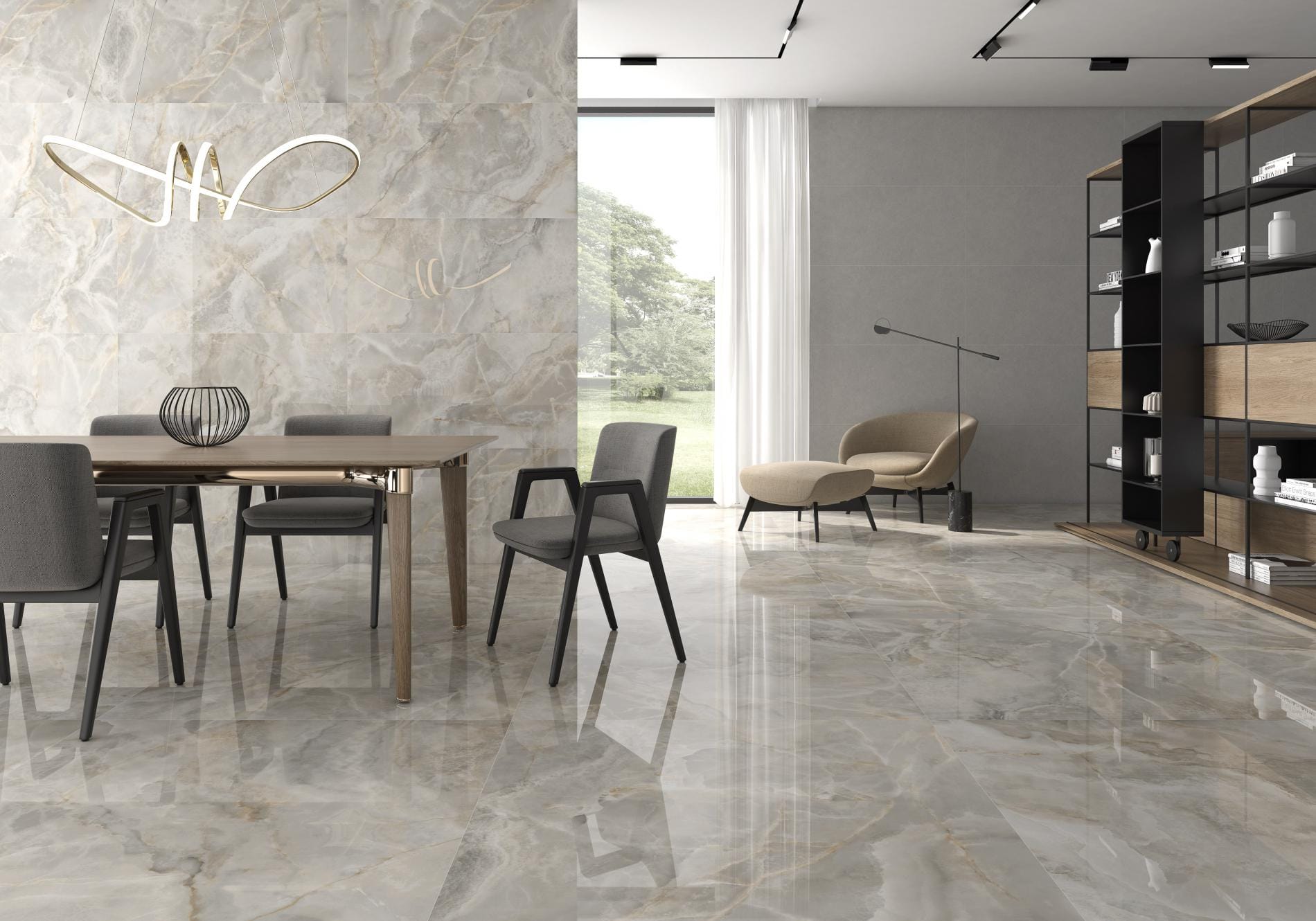 Lux noor - Woonkamer met glanzende beige marmerlook op vloer, Pamesa