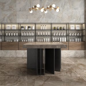 Lux noor - Winkel en showroom met bruine marmerlook op vloer en wand, Pamesa