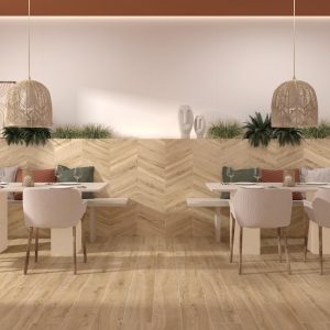 Plain - Restaurant en horeca met lichte houtlook op vloer en wand, Pamesa