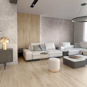 Rovere - Woonkamer met lichte houtlook en betonlook op vloer en wand, Pamesa