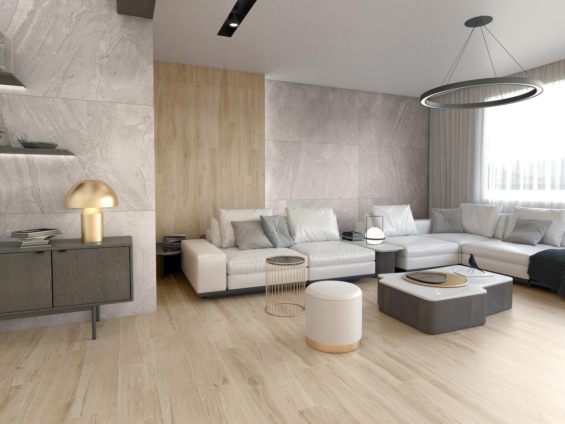 Rovere - Woonkamer met lichte houtlook en betonlook op vloer en wand, Pamesa