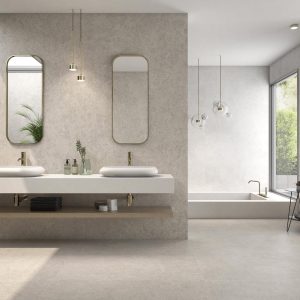 Moleanos - Badkamer met lichte betonlook op vloer en wand, Pamesa