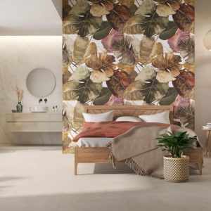 Tresana - Slaapkamer met botanisch decor en lichte betonlook op wand en vloer, Pamesa