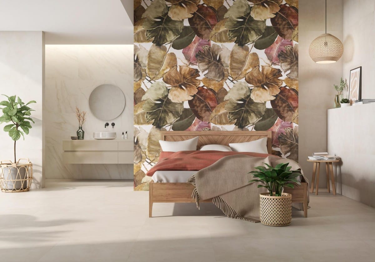 Tresana - Slaapkamer met botanisch decor en lichte betonlook op wand en vloer, Pamesa