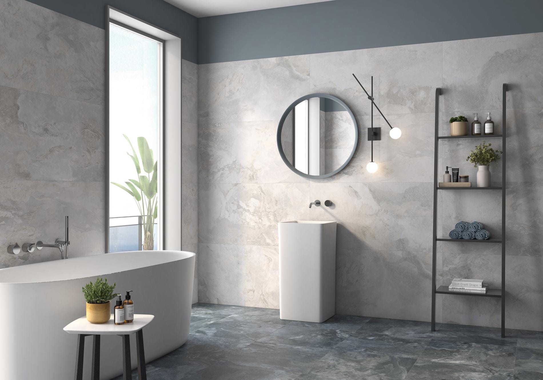 Slate way - Badkamer met grijze betonlook en witte marmerlook op vloer en wand, Pamesa