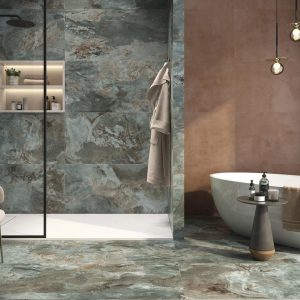 Slate way - Badkamer met groenblauwe natuursteenlook op vloer en wand, Pamesa