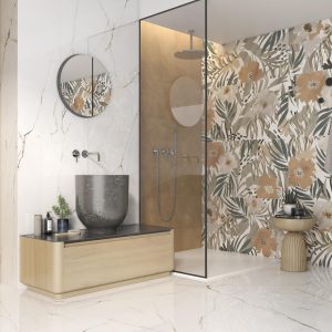 Torano - Badkamer met botanisch decor en witte marmerlook op wand en vloer, Pamesa