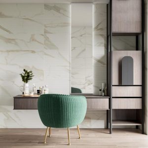 Calacata Gold Pasta Blanca - Badkamer met witte marmerlook en houtlook op wand en vloer, Pamesa