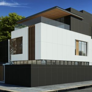 Plain - Gevel en exterieur met witte en zwarte kleurplaten op gevel, Pamesa