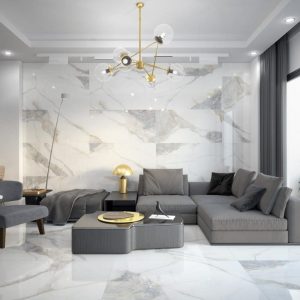 Pietra Di Marmi - Woonkamer met witte marmerlook op vloer en wand, Pamesa