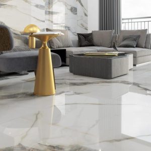 Pietra Di Marmi - Woonkamer met witte marmerlook op vloer, Pamesa