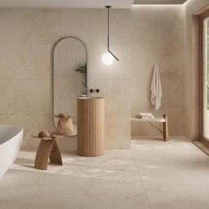 Pietra Di Rapolano - Badkamer met beige betonlook op vloer en wand, Pamesa