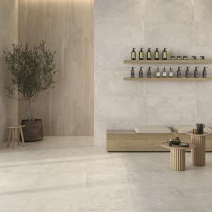 Midway - Winkel en wellness met lichte betonlook en houtlook op vloer en wand, Pamesa