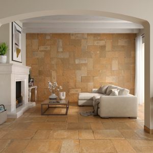 Ilcotto - Woonkamer met terracotta steenlook op vloer en wand, Pamesa