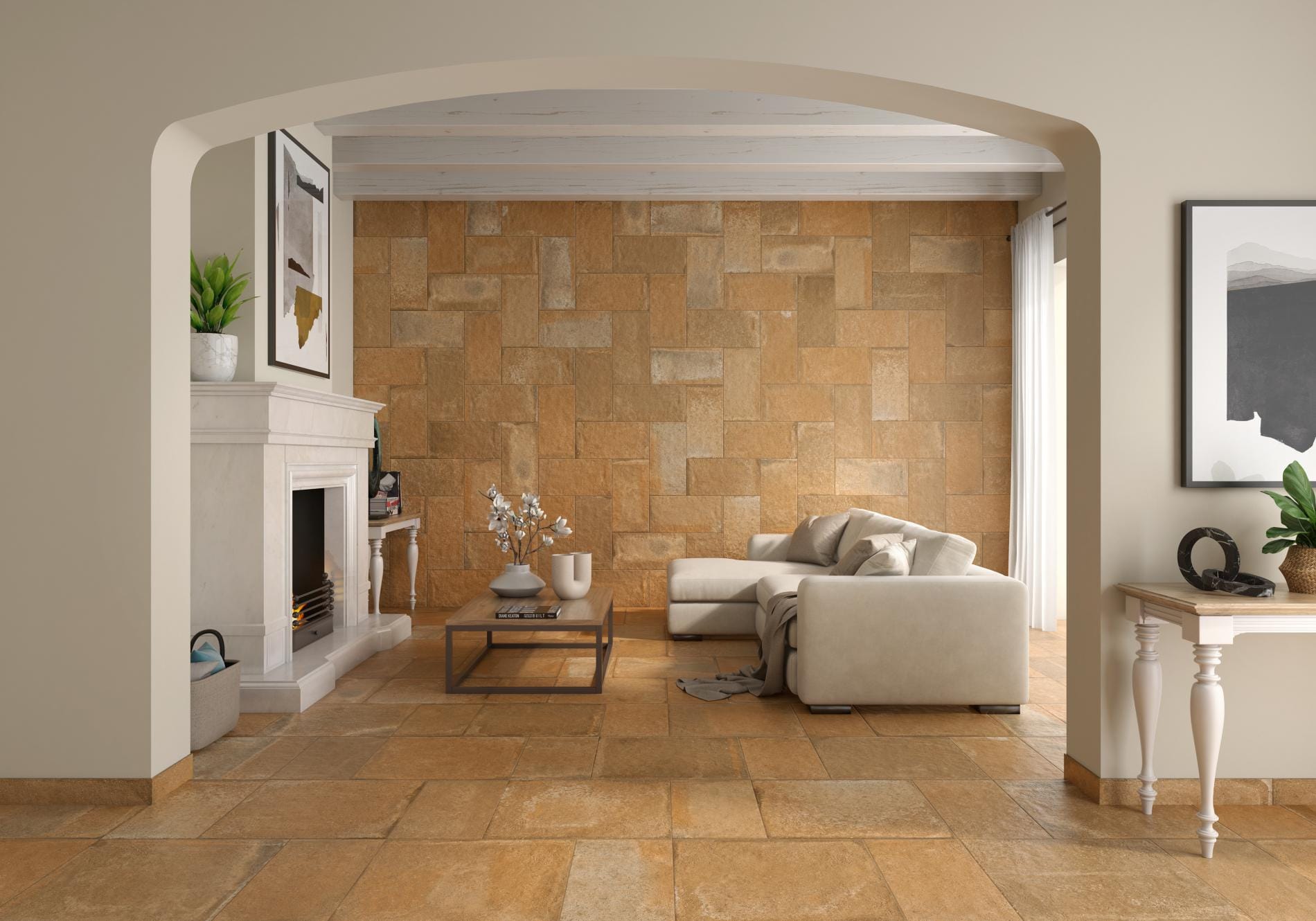 Ilcotto - Woonkamer met terracotta steenlook op vloer en wand, Pamesa