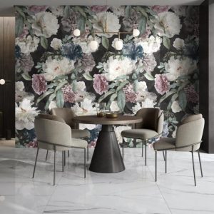 Calacata White - Eetkamer met botanisch decor en witte marmerlook op wand en vloer, Pamesa